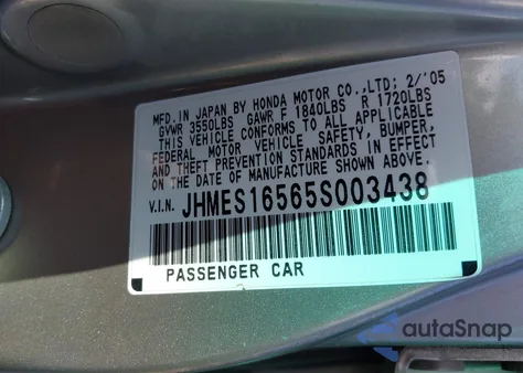 2005 Honda Civic Lx из США, поврежденный, VIN JHMES16565S003438